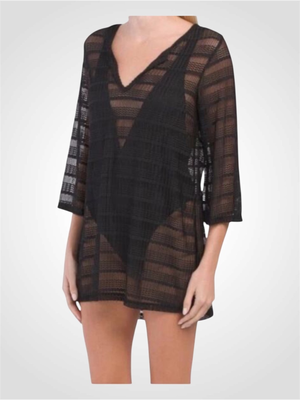 Jordan Taylor Black Sheer Crochet V-Neck Beach Cover-Up - Large